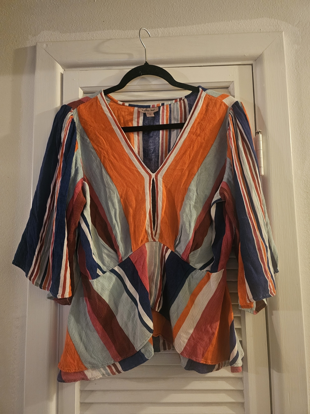$3/13 Multicolor Striped V-Neck Peplum Blouse - Orange & Navy